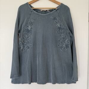 Soft Surroundings Camden Waffle Knit Embroidered Henley Thermal Top Blue XL